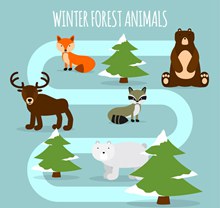 创意弯曲道路和5个森林动物图矢量图