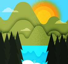 创意山和太阳湖泊风景图矢量下载