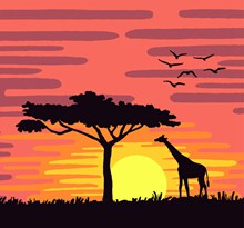夕阳下的非洲面包树和长颈鹿矢量