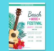 彩绘吉他沙滩音乐节宣传单图矢量图
