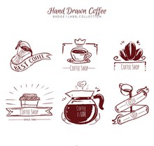 6款手绘咖啡徽章和标签图矢量