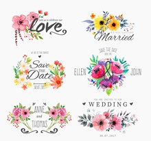 6款水彩绘婚礼花卉标签图矢量素材