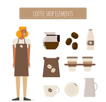 创意女子和8款咖啡店元素图矢量