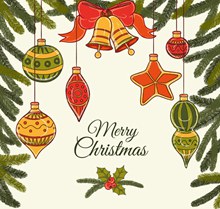 彩绘圣诞松枝和吊球贺卡矢量图片