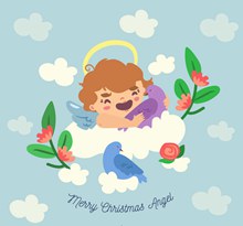 可爱云上的圣诞天使和鸟图矢量下载