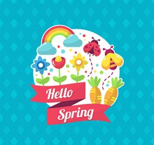 彩色春季花卉和蜜蜂标签矢量图片