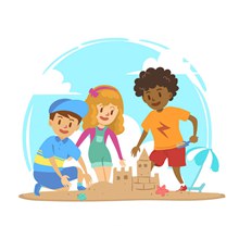 创意玩沙滩城堡的3个儿童图矢量图下载