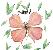 彩绘粉色蝴蝶和树叶矢量