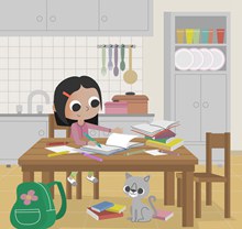 卡通做作业的女孩和猫咪矢量图