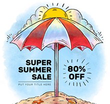 彩绘沙滩遮阳伞夏季促销海报图矢量