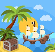 创意海盗船和宝箱插画矢量图