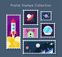 6款创意太空元素邮票图矢量图片