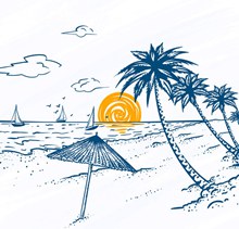 彩绘夏季海滩棕榈树风景矢量素材