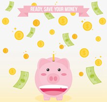 可爱笑脸猪存钱罐和钱币雨图矢量素材