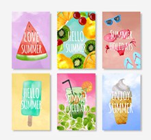 6款水彩绘夏季食物卡片矢量