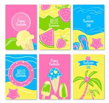 6款彩绘夏季元素卡片矢量图下载