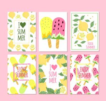 6款彩绘夏季柠檬和雪糕卡片图矢量图