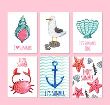 6款水彩绘夏季元素卡片矢量
