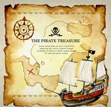 复古藏宝图和海盗船图矢量图下载