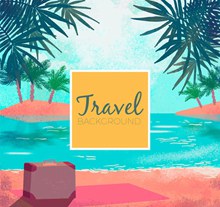 水彩绘旅行度假岛屿和行李箱风景图矢量图