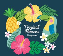 卡通热带花卉和大嘴鸟花环矢量图