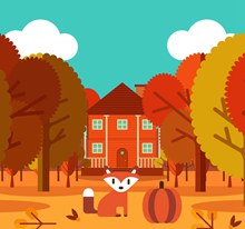 秋季树林里的房屋和狐狸矢量下载