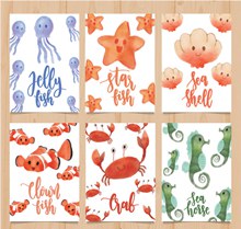 6款水彩绘海洋动物卡片矢量图