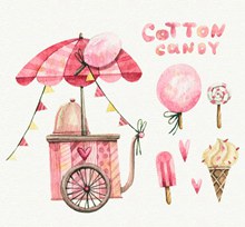 水彩绘粉色棉花糖车和4款甜品图水彩矢量图
