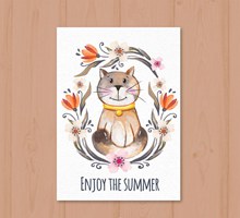彩绘夏季猫咪和花卉卡片图彩绘矢量下载