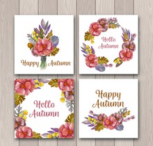 4款彩绘秋季花束和花环卡片矢量素材
