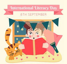 创意国际扫盲日读书女孩和猫图矢量图