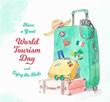 彩绘世界旅游日行李箱图矢量下载