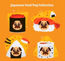 4款创意日本料理装扮巴哥犬矢量图下载