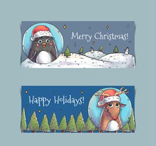 2款彩绘圣诞动物banner矢量素材