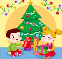 卡通客厅圣诞树旁的2个孩子矢量图片