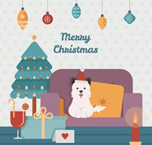 创意圣诞节客厅里的宠物狗图矢量图