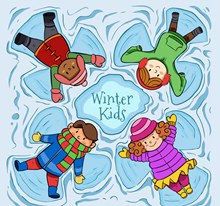 4个创意躺在雪地玩耍的儿童矢量图