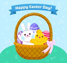 创意复活节篮子里的兔子和鸡仔图矢量