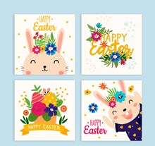 4款彩色复活节花卉和兔子卡片图矢量下载