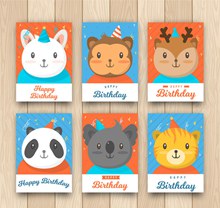 6款可爱动物生日卡片设计矢量图下载