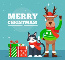 可爱圣诞驯鹿和黑色猫咪图矢量图下载