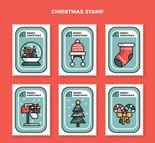 6款白边圣诞节邮票矢量素材