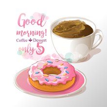 水彩绘早餐甜甜圈和咖啡海报图矢量