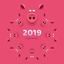 2019年粉色猪头组合圆环图矢量图