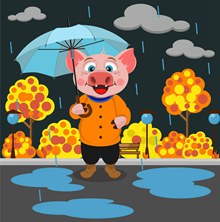 卡通雨中撑伞的猪矢量下载