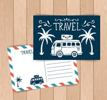 创意椰子树旅行车明信片正反面图矢量图