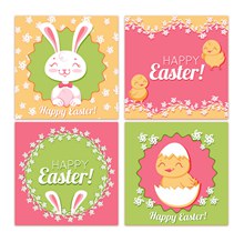 4款可爱复活节微笑兔子和小鸡卡片图矢量图片