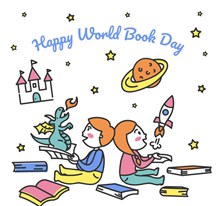 彩绘世界图书日男孩和女孩图矢量图