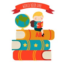 创意世界图书日书堆上的男孩图矢量图下载