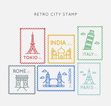 6款彩色复古城市邮票矢量素材